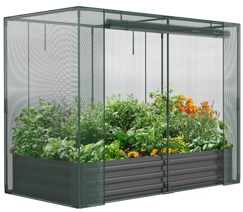 SUNYRISY Hochbeet Metall mit Netzkäfig, Hochbeet für Garten Pflanzkasten Blumenkasten Kräuterbeet mit Abdeckung und Sichtfenster, Schutz vor Invasionen von Tieren und Vögeln