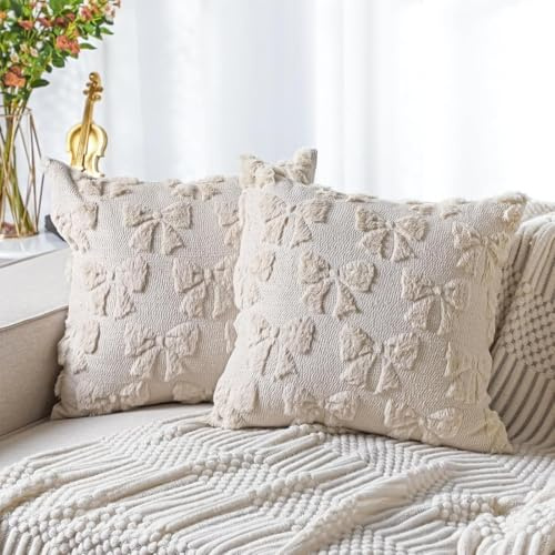 Pillow Cases, Pillowcases, 2 PCS Cushion Covers with Bow Design, Soft Plush Faux Fur Cushion Covers, Plush Aesthetic Cushion Cases for Bed Sofa Home Indoor Outdoor Holiday Decorations (Beige)