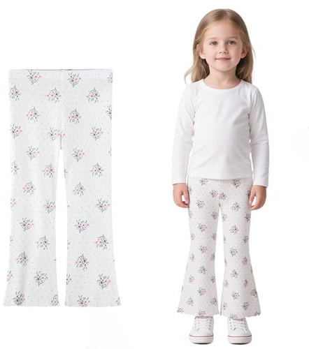 Domueay Leggings para Niña Algodón Pantalones Acampanados Niñas Suaves y Cómodos Mallas Elásticas Deportivas para Ballet Escolar Legging con Estampado Floral Infantil Ropa 5-6 Años, Blanco