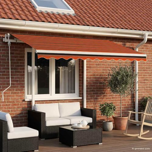 HaoChrymec Markise Einziehbar mit Pulverbeschichtetem Aluminiumrahmen, Manuell Verstellbar, Sonnenschutz für Balkon & Terrasse, Freistehende Markise, Orange & Braun, 350 x 250 cm