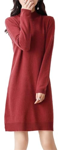 Ailaile 100% Merino Wool Sweater Dress Women's Long Sleeve Mock Neck Pullover Autumn Winter Knitted Long Jumper Red