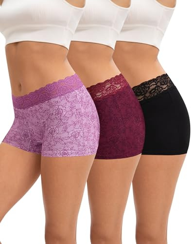INNERSY Shorty Femme Coton Dentelle Boxer Culotte Confortable Caleçon Taille Basse Panty Lot de 3 (XL, 1 Noir/2 Roses Romantiques)