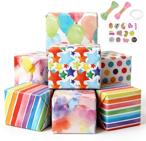 6 Sheets Wrapping Paper | 70x50cm Birthday Wrapping Paper | Recyclable Gift Wrap | Birthday Gift Wrapping Pape with Strings&Tape Perfect for Boy Men Girl Women