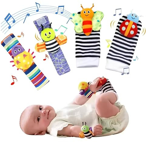 FRABE FAMILY Chaussettes et bracelets Hochet Bébé - Set Sensoriel 4 Pièces (2 Chaussettes + 2 Bracelets) - Jeux éducatifs 0-12 mois, Stimule l'Audition et la coordination, idée cadeau pour bébé