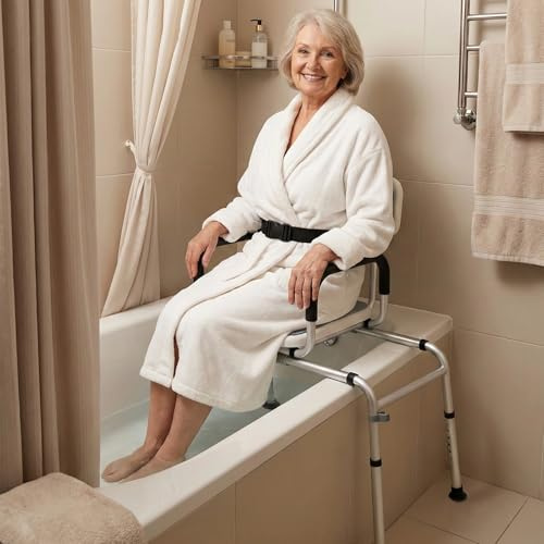 NEWTRY Siege de Douche, Banc de Transfert Baignoire Coulissant avec accoudoirs, pivotante à 360°avec réglage en Hauteur à 12 Niveaux pour Personnes Âgées Handicapées