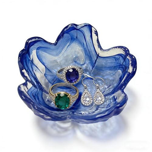BESSKON Purple Flower Glass Ring Dish, Jewellery Tray, Small Trinket Dish, Floral Decorative, 8.5cm, Birthday Gifts for Women (Sapphire Blue)