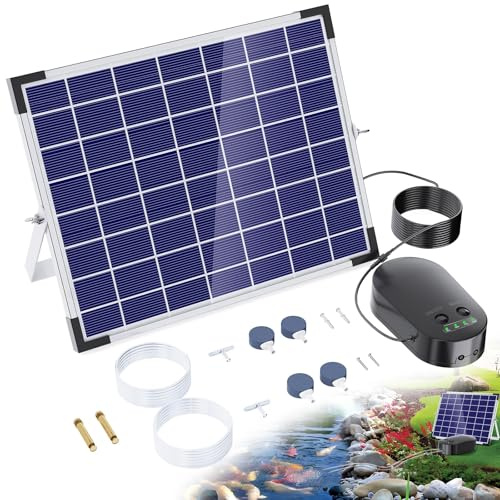 POPOSOAP 15W Solar Pond Aerator with 4400mAh Battery Backup, 3 Modes & Low Noise Solar Air Pump with 2 Outlets for Fish Ponds, Aquariums, Hydroponics & Wildlife Gardens-P915D