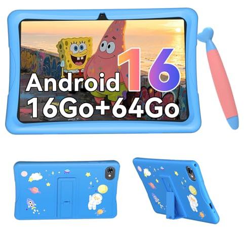 Tablet Bambini 10 Pollici, Android 16 Tablet per Bambini 3-12 Anni, 16GB RAM(4+12) + 64GB ROM, Controllo Genitori, GMS, 5000mAh, WiFi6, WidevineL1, con Custodia Anti-caduta e Penna, Garanzia di 4 anni