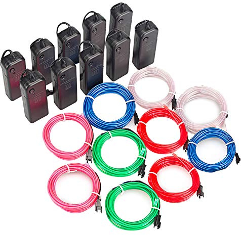 Mixtooltoys 10 x 1m EL Wire EL Kabel Neon Beleuchtung leuchtschnur Neon Beleuchtung Draht Lichtschlauch Leuchtschnur für Weihnachtsfeiern Rave Partys Halloween Kostüm Blau Rot Rosa Weiß Grün