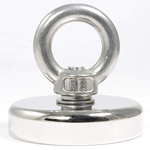Neodym Magnet - Flachgreifer mit Ringmutter - Bergemagnet Topfmagnet 50mm - 90 KG Zugkraft - M8 Gewinde Öse - Ösenmagnet