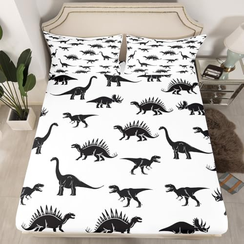 Dinosaur Fitted Sheet Deep Pocket Dino Silhouettes Evolution Bedding Set Wildlife Animals Black White Bed Sheet for Kids Teens Boys 1 Fitted Sheet with 2 Pillow Cases Full Size(No Top Sheet)