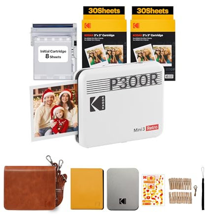 Kodak Mini 3 Retro, tragbarer Fotodrucker, schneller Druck, HD-Fotos, 54 x 86 mm, Bluetooth, kompatibel mit iOS und Android, Packung mit 68 Fotopapieren – Weiß