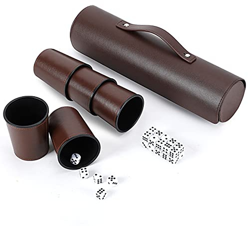 Party Games Leather Dice Cup Set, 5 Black Dices Cups + 25 Dice + Exclusive Storage and Transport Case Made of Faux