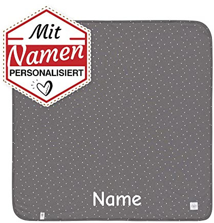 LÄSSIG Baby Decke mit Namen personalisiert / Kinderdecke bestickt, GOTS Schmusedecke Kuscheldecke, Babydecke personalisierbar als Geschenk zur Geburt / Taufe / Geburtstag, 80x80 cm (Spots anthracite)