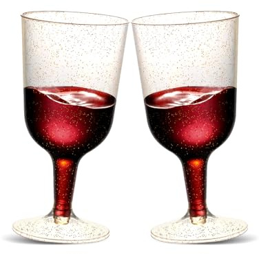 Paquete de 30 copas de vino de plástico con tallo, copas de degustación de plástico con purpurina dorada de 6 onzas, desechables o reutilizables, copas de vino de plástico para fiestas, bodas y
