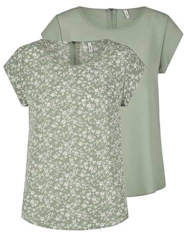 ONLY ONLVIC - Pack de 2 Camisetas básicas para Mujer, Cuello Redondo, Corte Regular, Blusa de Manga Corta, Parte Superior con Cremallera, Estampado de Verano