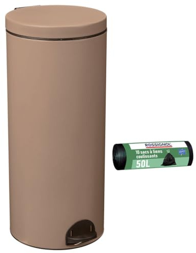 ROSSIGNOL Poubelle de cuisine à pédale et 10 sacs-poubelle, Capacité 30L, Fabrication française, Seau intérieur amovible avec anse, Pratique ELORA