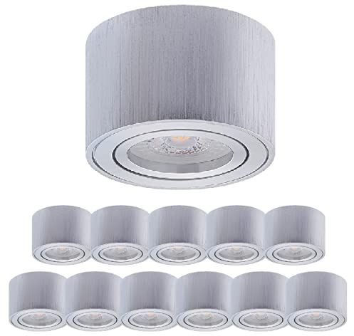 Oktaplex 12 Stück LED Aufbauspot Lile Alu gebürstet 4,8W 380lm | 230V, 3000K Warmweiß, 80x50mm, Aufputz Aufbauleuchte Aufbaustrahler Schwenkbar