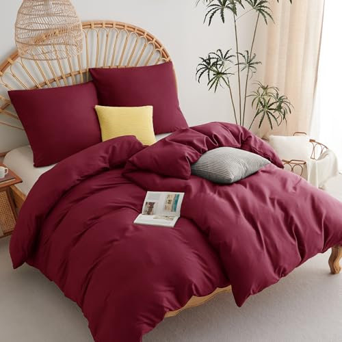 WAVVE Bettwäsche 135x200 4teilig Weinrot - Bettbezüge 135 x 200 2er Set mit Kissenbezüge 80x80 cm, Bettwäsche-Sets 135x200cm aus Mikrofaser mit Reißverschluss Weich