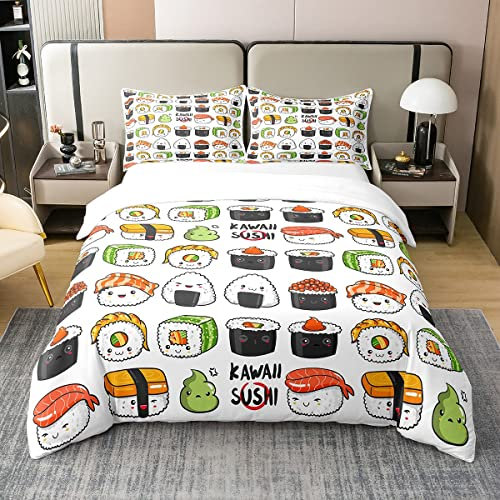 Sushi 100% Waschen Baumwolle Bettbezug 155x220 Kawaii Cartoon Sea Animal Bettwäsche Set Nette Sushi Muster Tröster Bezug für Kinder Jungen Mädchen Teens Schlafzimmer Dekor Japanischer Steppdeckenbezug