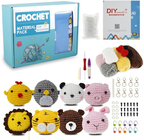 Keyohome 8 Pcs Beginners Crochet Kit, Crochet Kits for Beginners,Animals Crochet Kit,Crochet Set Include Various Accessories with Instructions and Video Tutorials for Starters Adult Kids (Color)