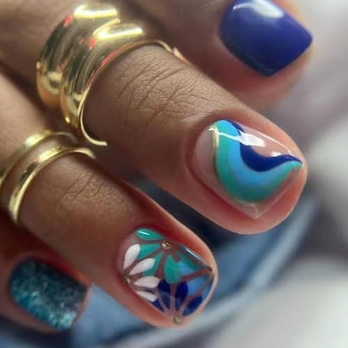 Ceboic 24 Stück Press on Nails Kurz, Blau Glänzend Künstliche Nägel Französische Full Cover Kunstnägel mit Blume Design, Eckig Falsche Nägel Acryl Fingernägel zum Aufkleben für Frauen und Mädchen