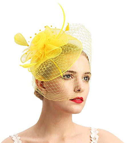Fascinator Damen, Fascinator Damen Hut Blume Mesh Federn Kopfschmuck Braut Bankett Kopfbedeckung Hochzeit Cocktail Haarschmuck Jockey Club Tea Party Stirnband Flower Feder Headwear