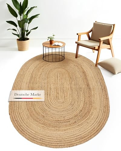 carpetfine Juteteppich Nele Beige handgewebt aus Jute 140x200 cm | Oval Naturfaserteppich im Boho Style für Wohnzimmer, Küche und im Flur
