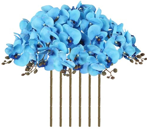 ICBOX Orchidee artificiali, 96 cm, 6 orchidee finte, in velluto di seta, fiori artificiali a stelo lungo, per vaso alto, decorazione per la casa e matrimoni (blu ciano)