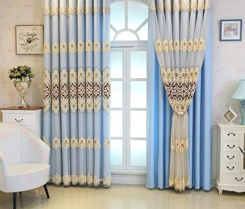 Bishilin Vorhänge Blickdicht 2 Set Blau 107x214CM, Verdunklungsvorhänge Haken Nordisch Doppellagig Stickerei mit Blumen Motiv Gardinen Polyester Wohnzimmer Jugendzimmer Schlafzimmer
