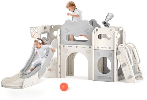 Kids Slide,7 in 1 Toddler Slide for Toddlers, Extra-Long Slide with Basketball Hoop Indoor and Outdoor Baby Climber Playset Playground Freestanding Slide (rice-grey)