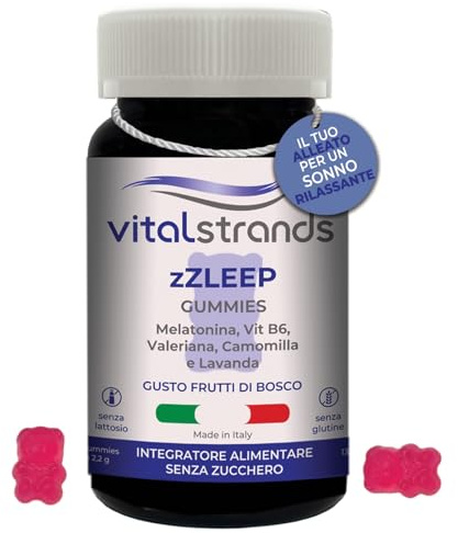 VITALSTRANDS zZLEEP | Melatonina per Dormire forte con l'aggiunta di erbe | Pastiglie per Dormire Meglio con Melatonina e Valeriana, Vitamina B6, Camomilla e Lavanda | 60 Caramelle per Dormire