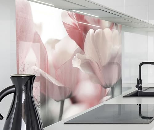 timalo Spritzschutz Wand für Herd, Küche Küchenrückwand Glasoptik | Acryl Glas 2mm | Glasrückwand Acrylglas Wandpaneele Küchenspiegel | 60x40cm Zarte Rosa Tulpen Blumen