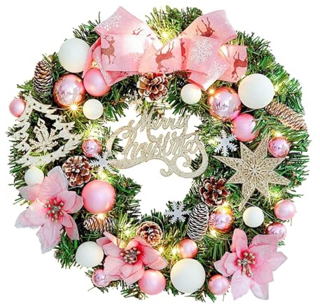 Harilla Beleuchteter Weihnachtskranz, Türkranz für die Haustür, hängendes Ornament, künstlicher Hängekranz für drinnen und draußen, Rosa Weiß