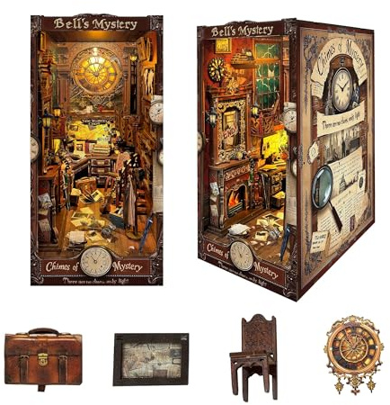STRUCWOOD Magic Book Nook Kit 3D Wooden Puzzle for Adults Decorative Bookend Stand Book Nook Bookshelf Insert Bookcase Toy for Teenagers Gift Model Kits (Bell's Mystery)