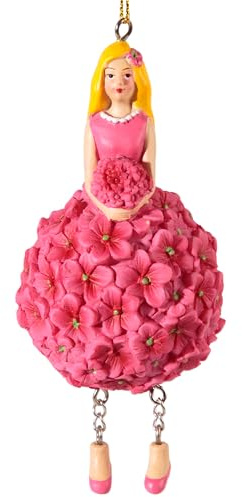 Blumenmädchen-Figur Hortensie Pink mit Baumelbeinchen, 12 cm Höhe, handbemalt, Kunstharz, dekorative Dekofigur mit Hortensien-Motiv