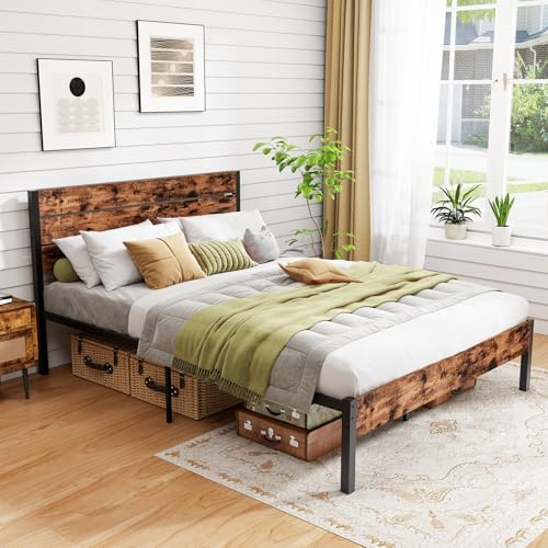 GOFLAME Queen Size Bed Frame with Headboard, Metal Platform Bed with Under-Bed Storage Space & Slatted Headboard, Industrial Bed Base, No Box Spring Needed Mattress Foundation, Rustic Brown