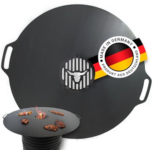 Feuerplatte mit Seitenhandgriffe 120cm INKL. Grilleinsatz, 10mm Stärke, Grillplatte für Feuertonne & Feuerschale, Plancha Grillring für BBQ & Teppanyaki, Massive Stahlplatte #950