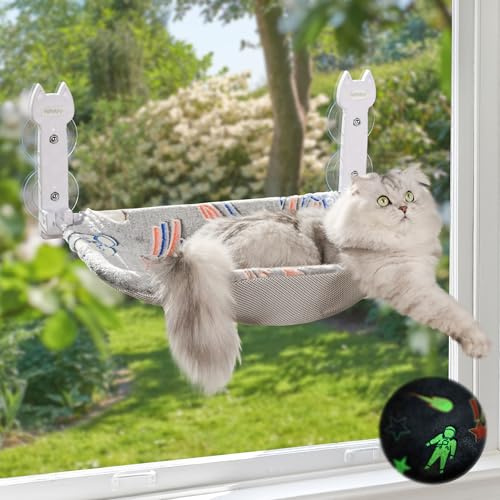 HiPetpy Katzen Fensterliege, Leuchtende Wendematte, Faltbar & Kabellos, Starke Saugnäpfe bis 20 kg, Bequemes Vertiefungsdesign, 360° Aussicht Katzen Hängematte, Fensterbett (Grau, 1 Packung)