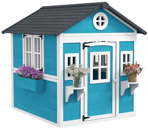 Outsunny Cabane Enfant extérieur, Maison Enfant extérieure, avec Porte, fenêtres et jardinières, cabane de Jardin pour Enfant 3-8 Ans, 114 x 126,4 x 135 cm, Bleu