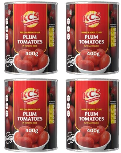 KCS Plum Tomatoes 400gm (Pack of 4) – Whole, Peeled Tomatoes in Tomato Juice | Ideal for Pasta, Curries, Soups & Sauces | No Preservatives | Vegan Friendly | BPA-Free Tin