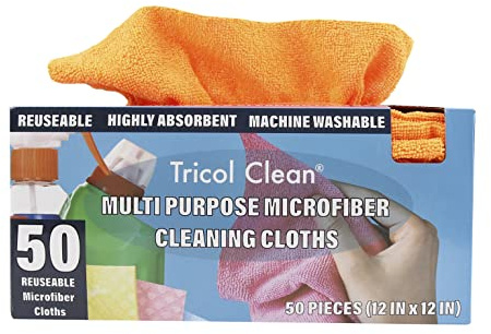 Tricol Clean Profesional Resuable Lint Free Microfiber Edgeless Cleaning Cloth 50PK Cleaning Rags,Absorbent Microfiber Wipes in Dispenser Box for Housekeeping, Car Cleaning (12 * 12 Inches) (orange1)