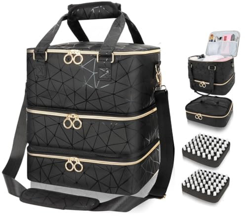 HechoVinen Nail Polish Organiser Makeup Bag,Travel Nail Varnish Storage Bags Holds 84 Bottles,Three-Layer Travel Storage Bags,Nail Polish Storage Vanity Case