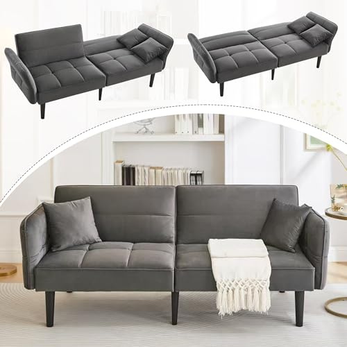 Lumivortex Sofa mit Schlaffunktion, Sofa 2 Sitzer, Schlafsofa mit Klappbaren Armlehnen, Schlafsofa Klein, 176x78x76cm, Klappsofa, Sofabett, Küchensofa, Tagesbett für Wohnzimmer, Zimmer, Büro (Grau)