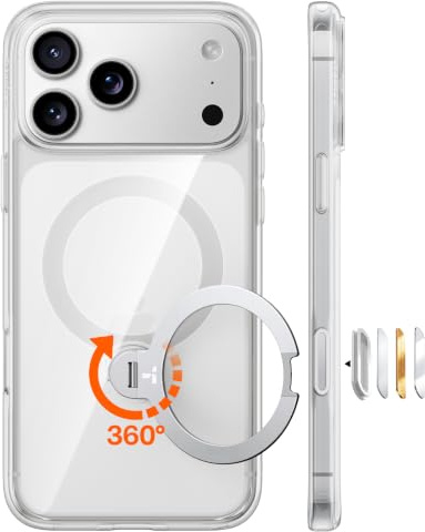 TORRAS Ostand Q3 Spin für iPhone 17 Pro Hülle mit 360° Ständer Transparent | 360°Standring,18N für MagSafe,3,66 m Militär-Fallschutz, Kamera- & Tastenschutz, Premium-Haptik für Business & Entertainment