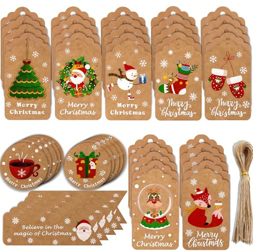 50Pcs Brown Kraft Gift Tags Christmas Wrapping Accessories Xmas Gift Tags with Jute Twine Baker Twine for DIY Xmas Holiday Present Wrap Stamp and Label Package Name Card