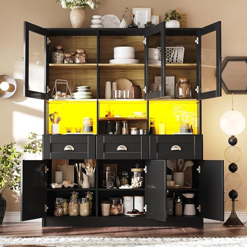 Kebnor Küchenschrank(140×40×175cm), Hochschrank Küchenbuffet, Vitrinenschrank, Buffetschrank mit Verstellbaren Ablagen, Sideboard mit LED-Beleuchtung,Variable Lichtfarben (Schwarz)