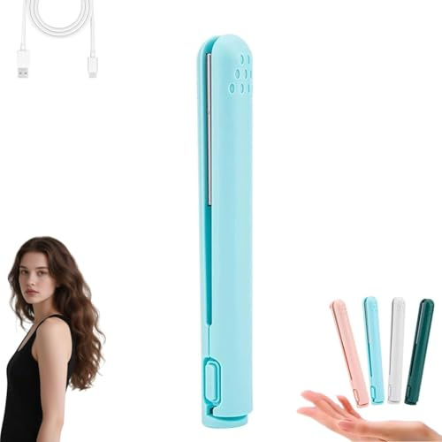 2-in-1 Mini Curling Iron,Portable Travel Curl Wand,Upgraded Dual Purpose Curling Wand & Flat Iron,Portable USB Mini Ceramic Curlingiron,Suitable for Women Short and Long Hairs,All Hair Types (Blue)