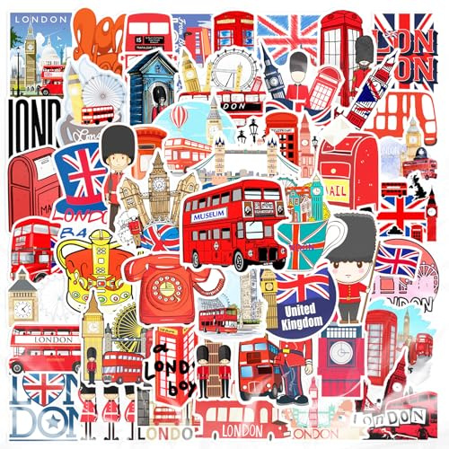 Tarqite 50 Stück Großbritannien Aufkleber, London Aufkleber, London Sticker Deko, England Urlaub Reise Stickers, Wasserdichte Travel Sticker für Koffer, Scrapbooking, Wasserflasche, Laptop