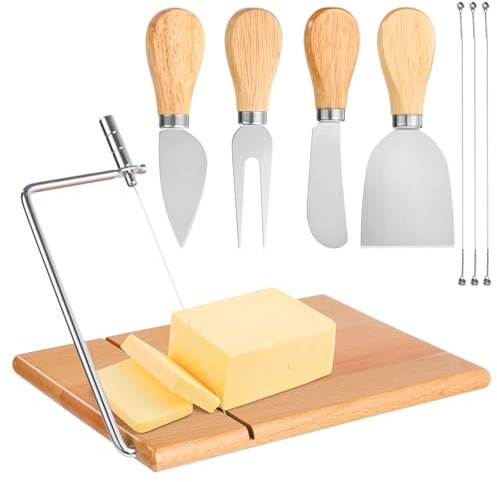 Skdqiee Cheese Slicers Set with 4 Cheese Knives, Acacia Wood Cheeses Cutter Slicer with Adjustable Tension, 3 Quick Change Wires